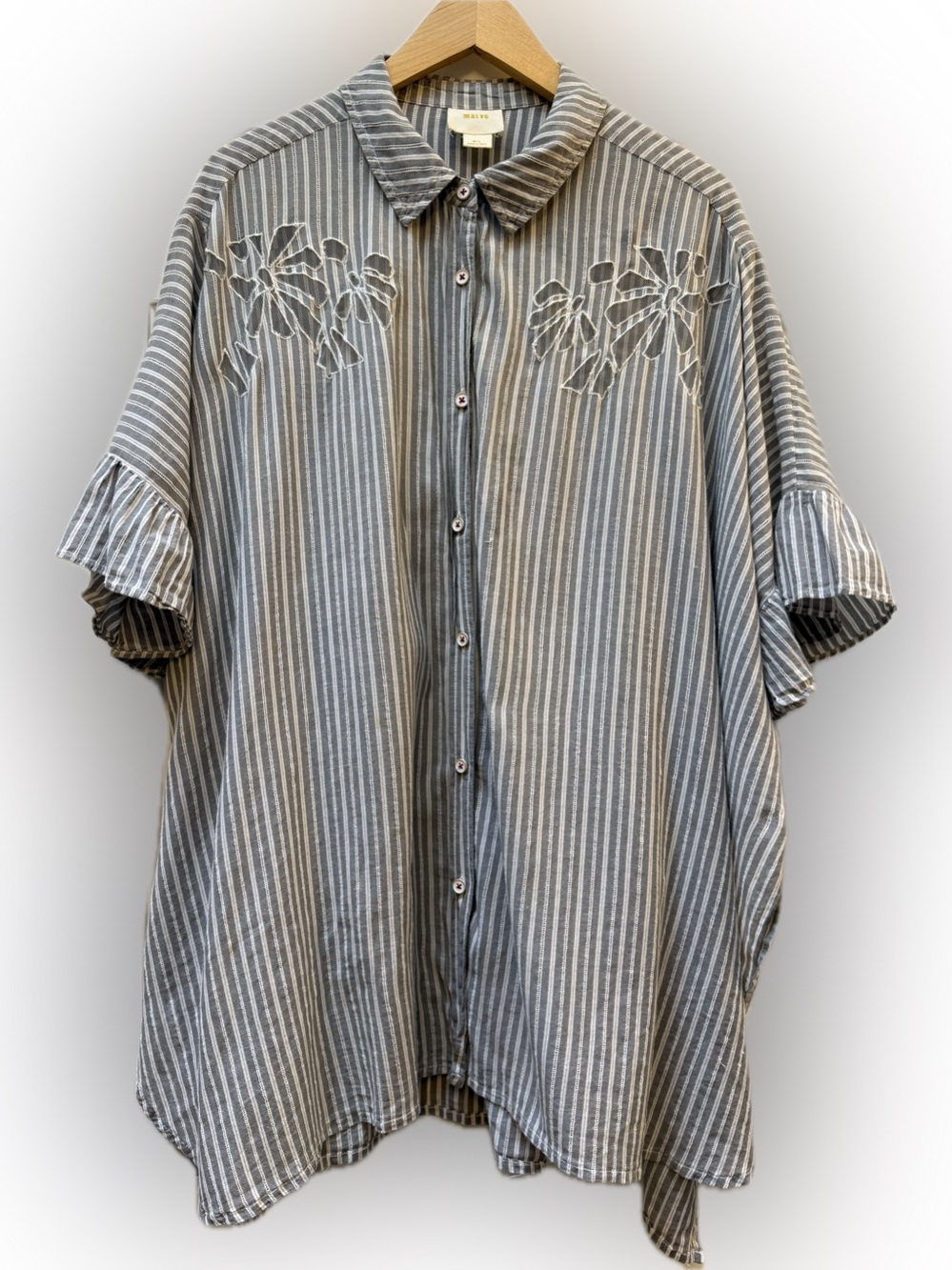 MAEVE ruffle cutout striped button down shirt